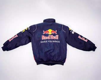 F1 Racing Jacket - Blouson de motard Formule 1 haut de gamme vintage bleu marine avec plusieurs patchs Red Bull