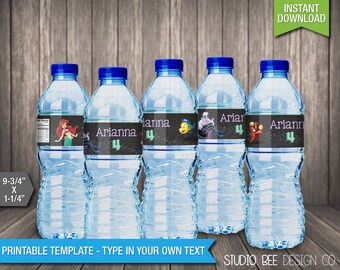 The Little Mermaid Water Bottle Labels - INSTANT DOWNLOAD - Printable Wrappers - Fits Avery Wraparound - DIY Personalize & Print (LMwb01)