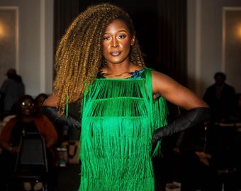 Green fringe dress with gloves