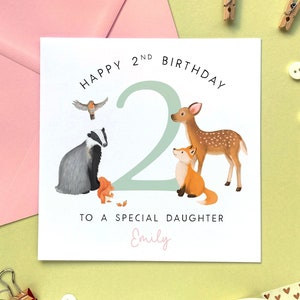 Personalised Woodland Animals 2nd Birthday Card | for Girl, Daughter, Granddaughter, Niece, Sister, Goddaughter, Baby | Two, Second, 2