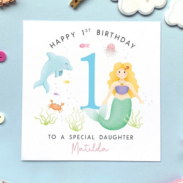 Personalised Mermaid 1st Birthday Card | for Girl, Daughter, Granddaughter, Niece, Sister, Goddaughter, Baby | First, One, 1