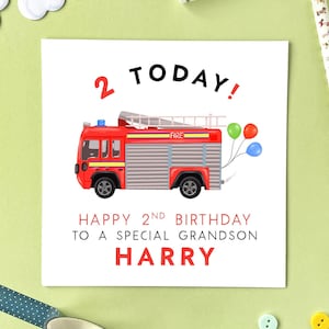 Personalised Fire Engine 2nd Birthday Card | For Boy, Son, Grandson, Brother, Nephew, Kids, Children | Second, 2, Two