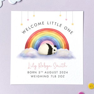 Carte personnalisée Nouveau bébé panda pour fille | Félicitations, bébé bienvenue, fille, petite-fille, nom, date de naissance, poids