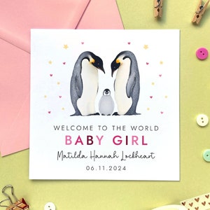 carte personnalisée nouveau bébé pingouins | Félicitations, bienvenue dans le monde, fille, petite-fille, nièce, souvenir, spécial, rose