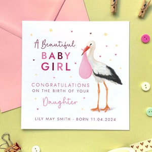 Personalisierte Storch neue Baby Mädchen Karte | Tochter, Enkelin, Nichte, Glückwünsche, rosa, neue Eltern, Großeltern, Freunde, Paar