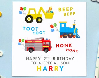 Personalised 2nd Birthday Card | For Boy, Son, Grandson, Brother, Nephew, Kids, Children | Digger, Train, Fire Engine, Cars, Second