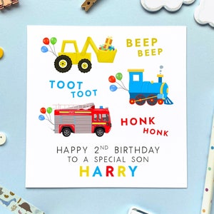 Personalised 2nd Birthday Card | For Boy, Son, Grandson, Brother, Nephew, Kids, Children | Digger, Train, Fire Engine, Cars, Second