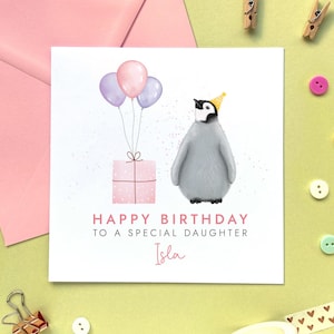 Personalisierte Pinguin jedes Alter Geburtstagskarte für sie | Mädchen, Tochter, Enkelin, Nichte, Patenkind | 1.2.3.4.5.13.16.18