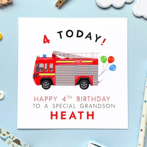 Personalised Fire Engine 4th Birthday Card | For Boy, Son, Grandson, Brother, Nephew, Kids, Children | Fourth, 4, Four