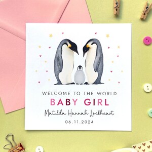 Personalised Penguins New Baby Girl Card | Congratulations, Welcome To The World, Daughter, Granddaughter, Niece, Keepsake, Special, Pink