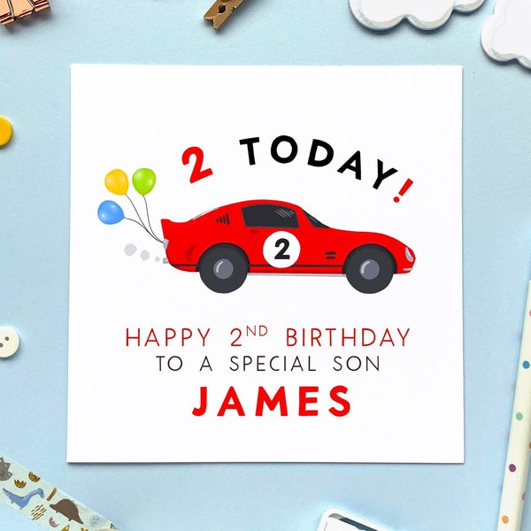 Personalised Race Car 2nd Birthday Card | For Boy, Son, Grandson, Brother, Nephew, Kids, Children | Two, Second, 2
