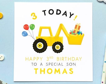 Personalised Digger 3rd Birthday Card | For Boy, Son, Grandson, Brother, Nephew, Kids, Children, Baby, Toddler | Third, Three, 3