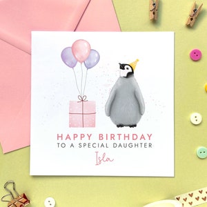 Personalisierte Pinguin jedes Alter Geburtstagskarte für sie | Mädchen, Tochter, Enkelin, Nichte, Patenkind | 1.2.3.4.5.13.16.18