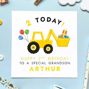 Personalised Digger 2nd Birthday Card | For Boy, Son, Grandson, Brother, Nephew, Kids, Children, Baby, Toddler | Two, Second, 2