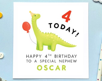 Personalised Dinosaur 4th Birthday Card | for Boy, Son, Grandson, Godson, Nephew, Brother, Kids, Children | 4, Four, Fourth