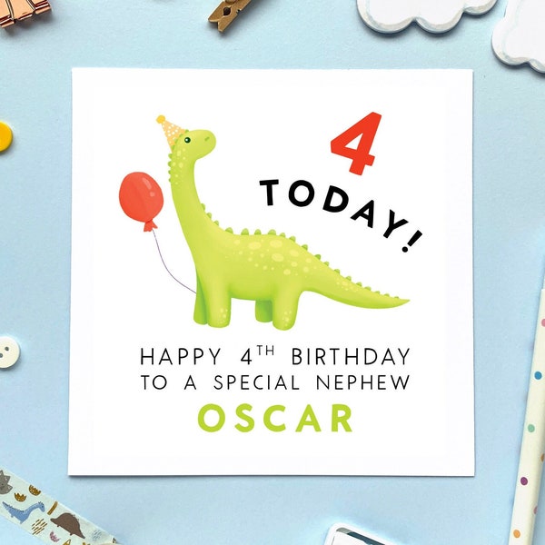 Personalised Dinosaur 4th Birthday Card | for Boy, Son, Grandson, Godson, Nephew, Brother, Kids, Children | 4, Four, Fourth