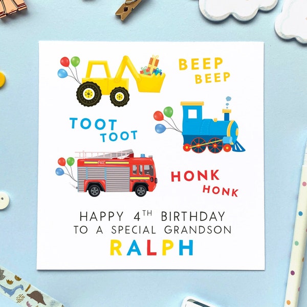 Personalised 4th Birthday Card | For Boy, Son, Grandson, Brother, Nephew, Kids, Children | Digger, Train, Fire Engine, Cars, Fourth
