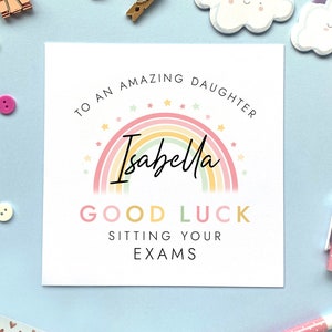 Personalised Rainbow Good Luck with your Exams Card for Girl | For Her, Daughter, Granddaughter, Niece, GCSEs, A Levels, University, SATs