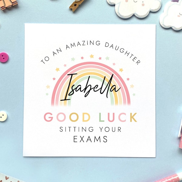 Personalised Rainbow Good Luck with your Exams Card for Girl | For Her, Daughter, Granddaughter, Niece, GCSEs, A Levels, University, SATs