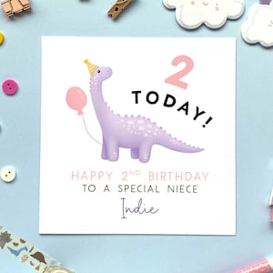 Personalisierte Dinosaurier jedes Alter Geburtstagskarte für Mädchen | für Tochter, Nichte, Enkelin, Schwester, Patenkind, Kind, Baby | 1., 2., 3. Platz
