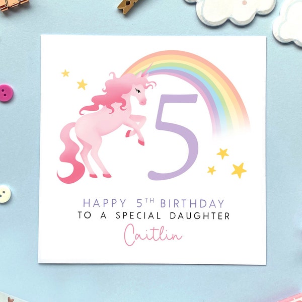 Personalised Unicorn 5th Birthday Card | for Girl, Daughter, Granddaughter, Sister, Niece, Cousin, Kids, Baby, Pink, Rainbow | Fifth, 5 Five