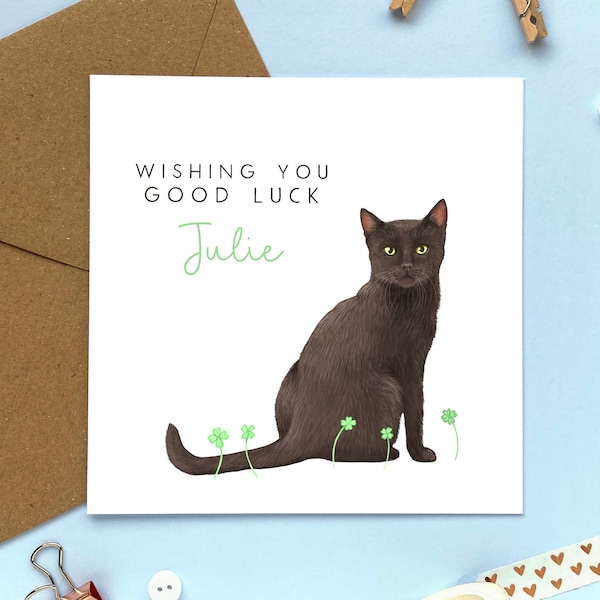 Carte personnalisée de bonne chance pour chat noir | Pour lui, elle, fils, fille, petit-fils, petite-fille, nouvel emploi, départ | RÉF : GL001