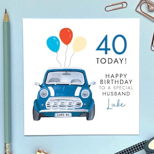 Carte d'anniversaire bleue personnalisée pour tous les âges avec voiture classique | Pour lui, homme, frère, mari, oncle, fils, petit-fils, neveu | 21 30 40 50