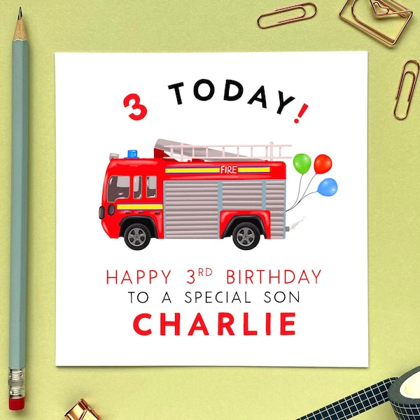 Personalised Fire Engine 3rd Birthday Card | For Boy, Son, Grandson, Brother, Nephew, Kids, Children, Baby, Toddler, Boys | Third, 3, Three
