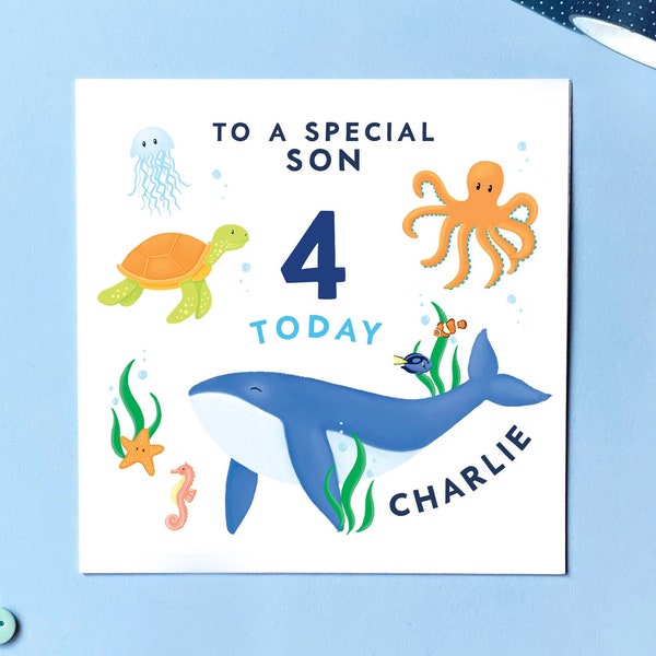 Carte d'anniversaire personnalisée Sealife pour tous les âges | pour fils, petit-fils, neveu, frère, cousin, fille, petite-fille, nièce | 1, 2, 3, 4