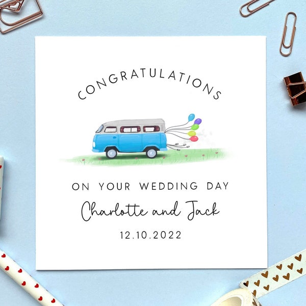 Personalised Camper Van Wedding Card | Congratulations, Just Married, Mr and Mrs, For Daughter, Son in Law, Friends, On Your Wedding Day