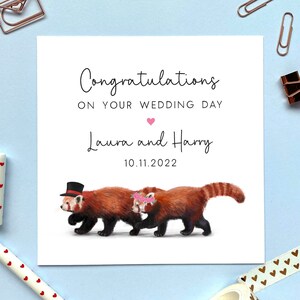 carte de mariage personnalisée panda roux | M. et Mme, félicitations, amis spéciaux, couple, fils, fille, juste mariés, jour du mariage