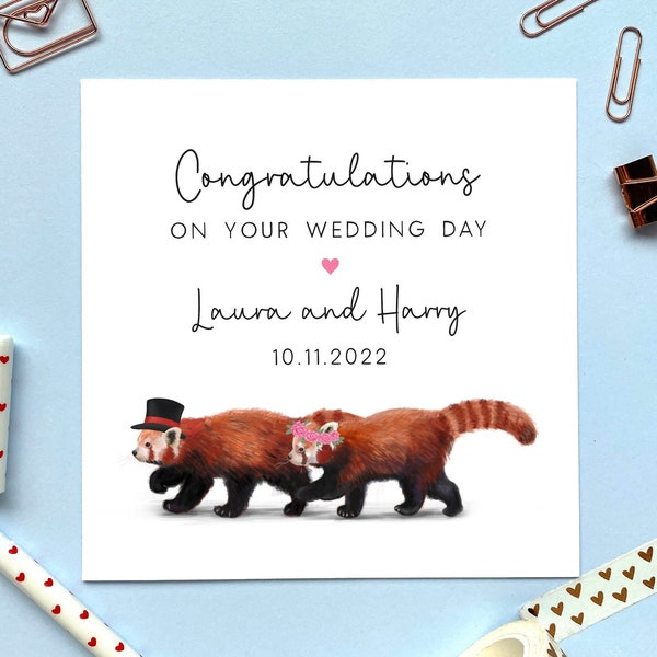 Personalisierte Roter Panda Hochzeitskarte | Mr and Mrs, Herzlichen Glückwunsch, für Besondere Freunde, Paar, Sohn, Tochter, Gerade verheiratet, Hochzeitstag