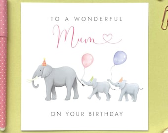 Personalised Any Age Two Children Elephant Birthday Card for Mum | Mom, Mama, Mummy, Mommy, Mam | 30th, 40th, 50th, 60th, 2 Children, Twins