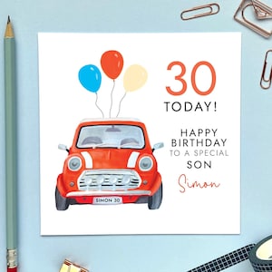 Carte d'anniversaire personnalisée pour tous les âges de voiture classique rouge | Pour lui, fils, petit-fils, père, neveu, petit ami, homme | 16 18 21 30 40 50