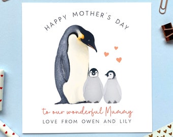Personalised Penguin Two Babies Mother's Day Card | For a special Mummy, Mommy, Mama | Mum, Mom, Mam | Twins, Children, 2 Kids