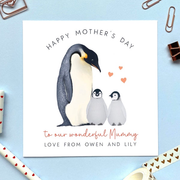 Personalised Penguin Two Babies Mother's Day Card | For a special Mummy, Mommy, Mama | Mum, Mom, Mam | Twins, Children, 2 Kids