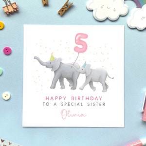 Carte d'anniversaire personnalisée éléphant de tout âge pour soeur | Grande soeur, petite soeur, fille | 1er, 2e, 3e, 4e, 5e, 6e, 7, 8e, 9, 10e
