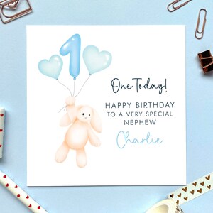 Carte personnalisée pour le 1er anniversaire d'un lapin | pour garçon, fils, petit-fils, filleul, frère, neveu, bébé, bleu, mignon, spécial | Premier, un, 1