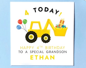 Personalised Digger 4th Birthday Card | For Boy, Son, Grandson, Brother, Nephew, Kids, Children | Fourth, 4, Four