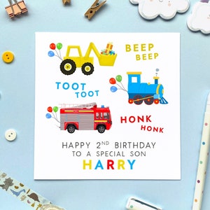 Carte d'anniversaire personnalisée pour garçon | Fils, petit-fils, frère, neveu, enfants, enfants, cousin | Digger, Train, Pompier, Voitures, Seconde