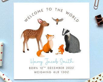 Personalised Woodland Animals New Baby Card for Boy | Son, Grandson, Nephew,  Keepsake, Special, Congratulations, Newborn, New Parents