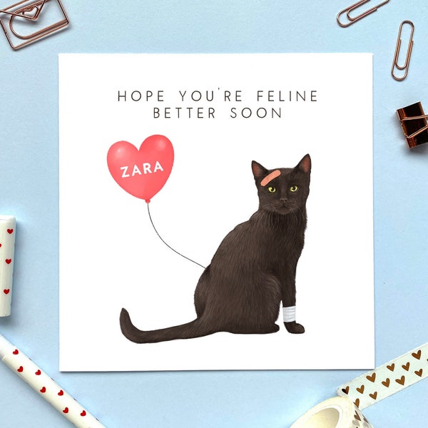 Carte personnalisée Black Cat Get Well Soon | Pour elle, fille, petite-fille, maman, amie, tante, grand-mère, nièce, sœur, grand-mère, grand-mère.