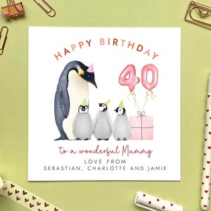Personalisierte Pinguin drei Kinder 40. Geburtstagskarte für Mama | Mama, Mama, Mum, Mommy, Mam, Oma, Oma | 30er 50er 60er 70er Jahre
