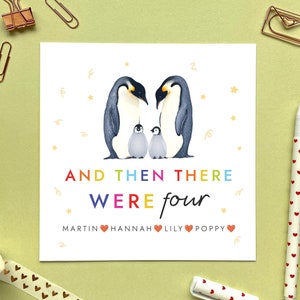 carte personnalisée Nouveau bébé pingouins | Famille de quatre personnes | Félicitations, Garçon, Fille, Fils, Fille, Amis, Couple, Nouveau-né, Nièce, Neveu