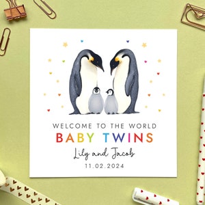 Carte personnalisée de nouveaux bébés jumeaux de pingouins | Deux bébés, Jumelles, Garçons, Fille et garçon, Bienvenue aux petits, Félicitations, Nouveaux parents