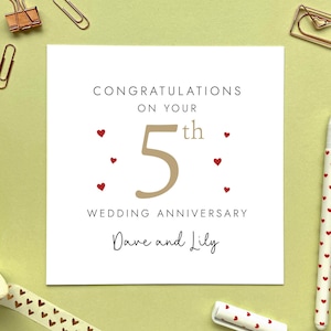 personalised 5th wedding anniversary card for couple - congratulations on your fifth wedding anniversary card - daughter and son-in-law, son and daughter-in-law, friends, granddaughter, grandson, niece, nephew, five years married, wood