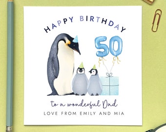 Biglietto personalizzato per il cinquantesimo compleanno di due bambini con pinguino per papà / per lui, papà, papà, padre, nonno, nonno / qualsiasi età, 30° 40° 60° 70°