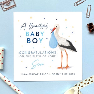 Personalisierte Storch New Baby Jungen Karte | Sohn, Enkel, Neffe, Glückwünsche, Blau, neue Eltern, Großeltern, Freunde, Paar, Name, Datum