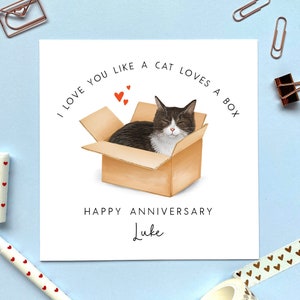 Personalisierte Tuxedo Cat in a Box Jubiläumskarte | Für Mann, Frau, Partner, Verlobte, Verlobte, Freund, Freundin | Schwarz / weiße Katze
