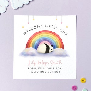 Carte personnalisée Nouveau bébé panda pour fille | Félicitations, bébé bienvenue, fille, petite-fille, nom, date de naissance, poids